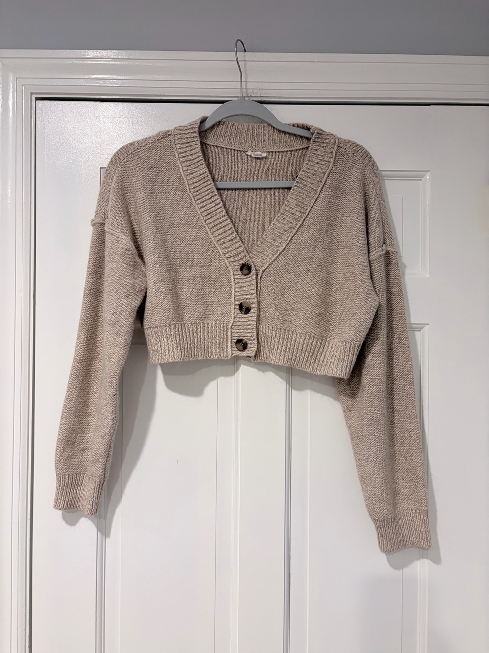 Garage Cropped V-Neck Button Cardigan - Beige